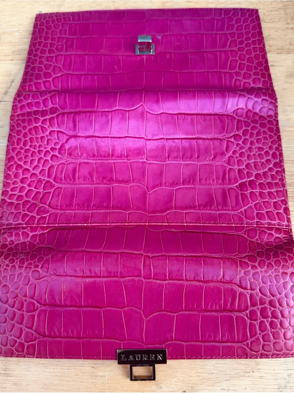 Lauren Ralph Lauren Pink Magenta Crocodile Embossed Leather Wallet Clutch